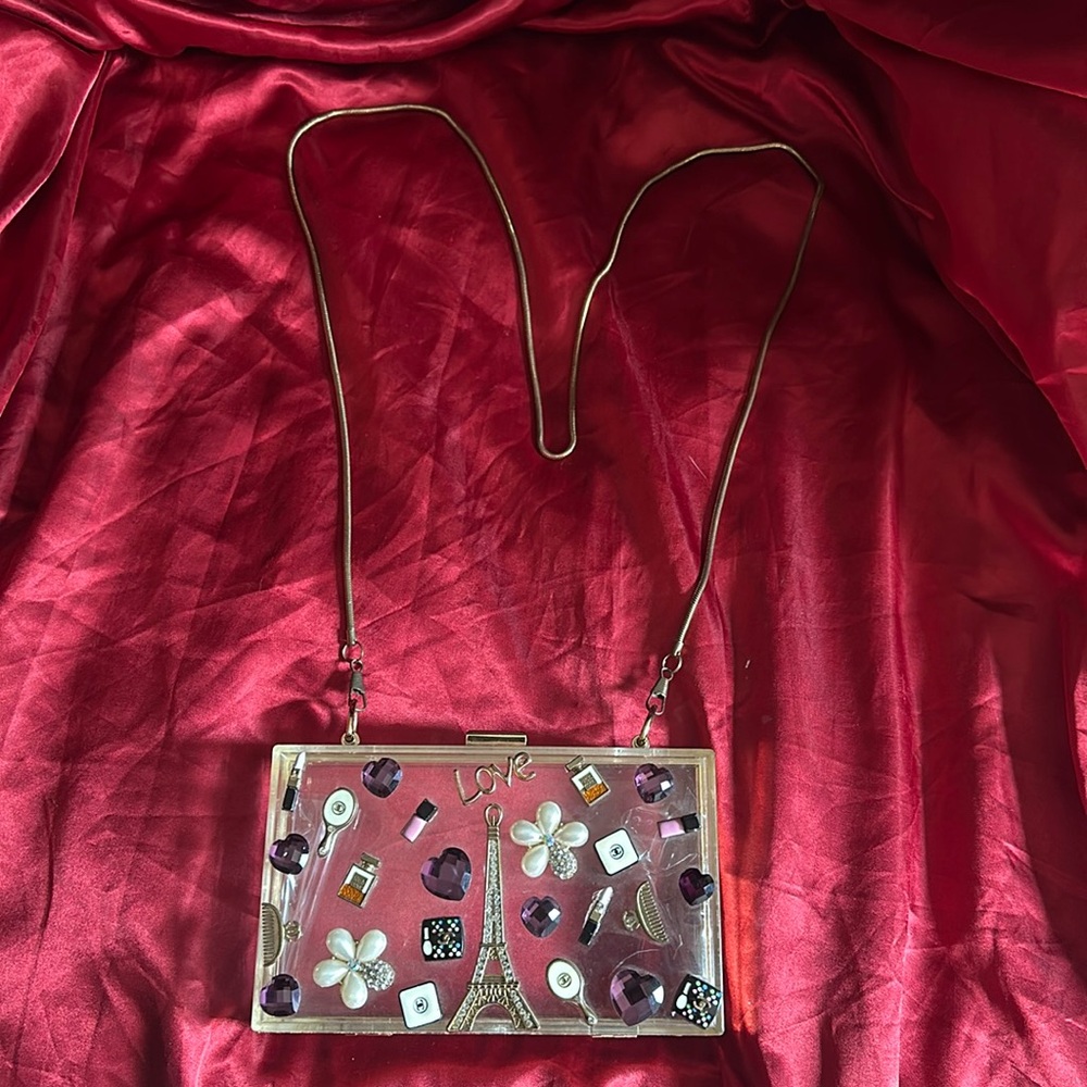 Vintage Chanel clutch transparent with long gold rope chain